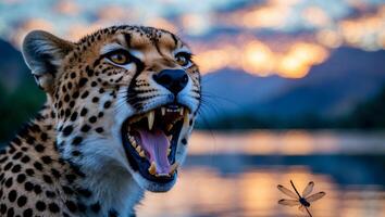 Cheetah Growling with Open Mouth Near Dragonfly at Sunset photo