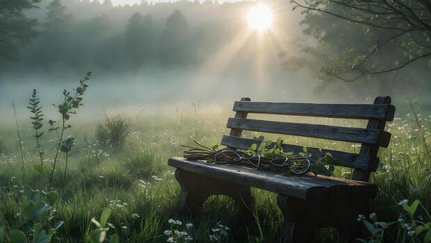 Bench in Foggy Meadow with Greenery at Sunrise Serene Scene photo