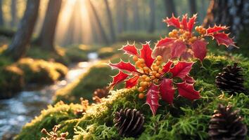 Holly Branch and Pine Cones in Forest with Stream at Sunrise photo