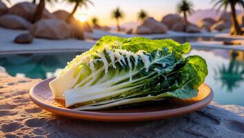 Serving Fresh Romaine Lettuce Salad on a Plate by the Pool photo