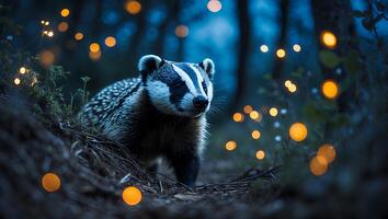 Badger Walking in Dark Forest Surrounded by Soft Glowing Lights photo