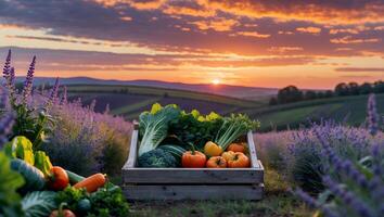 Harvested Vegetables in Crate at Sunrise Among Lavender Fields photo