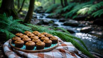 Muffins Displayed by Creek in Forest Setting for Outdoor Picnic photo