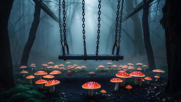 Swing in Foggy Forest with Toadstools a Mystical Woodland Scene photo