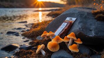 Orange Mushrooms and Snack by Lakeside at Sunset Peaceful Nature Scene photo