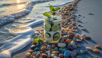 Refreshing Cucumber and Yogurt Jar on a Pebble Beach at Sunset photo