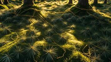 Sunlight Illuminating Starburst Plants and Mossy Ground in Forest photo