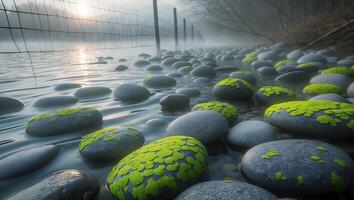 Stones in Water with Moss and Mist Creating a Calm Scenery photo