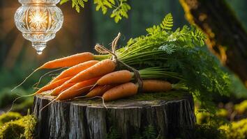 Fresh Carrots on Wood Stump in Forest with Glowing Lantern photo