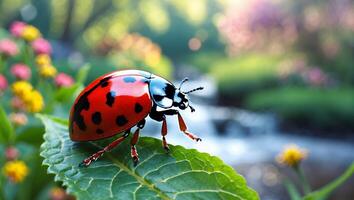 Ladybug Sitting on Green Leaf with Blurred Floral Background photo