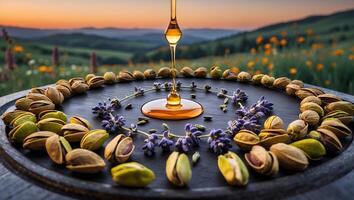 Pouring Honey Over Pistachios and Lavender on Wooden Table Landscape photo