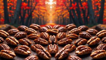 Pecan Nuts on Display with Autumn Forest Backdrop Food Concept photo