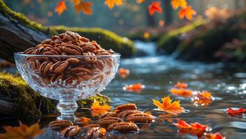 Pecan Nuts in a Glass Bowl by a Stream in Autumn photo