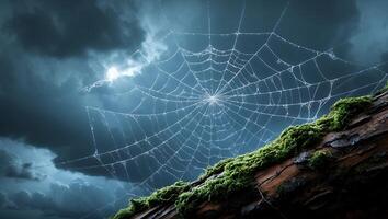 Spiderweb on Mossy Log with Dramatic Sky Perfect for Halloween photo