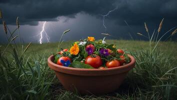 Tomatoes and Flowers in Pot Against Dramatic Sky with Lightning photo