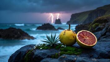 Dramatic Coastline Scene with Citrus Fruit and Approaching Storm photo