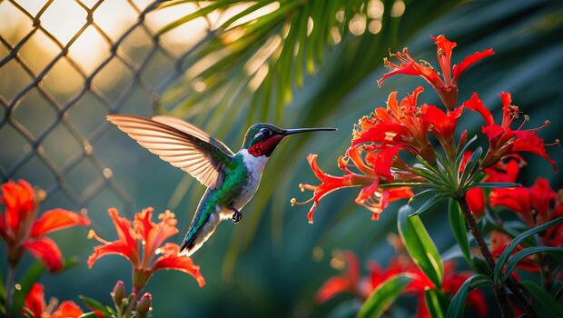 Hummingbird Hovering Near Bright Red Flowers in a Garden Setting photo