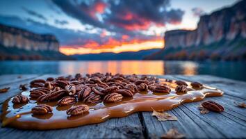 Pecan Nuts with Caramel Drizzle on Wooden Surface at Lake Sunset photo