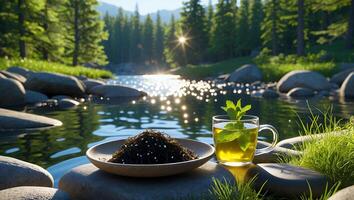 Enjoying Herbal Tea by River in Nature Setting with Sunlight photo