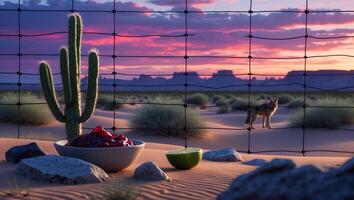 Desert Still Life with Cactus, Salsa, Coyote, and Sunset Sky photo