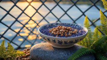 Serving Bowl with Nuts and Decorative Fill on Stone Near Lake photo