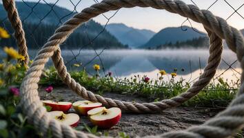 Viewing Mountain Lake Through Rope with Sliced Apples and Flowers photo