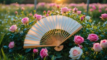 Hand Fan Resting Among Blooming Pink Roses in Garden at Sunset photo