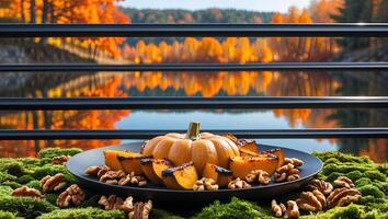 Pumpkin Slices and Walnuts with Autumn Trees Reflection on Water photo