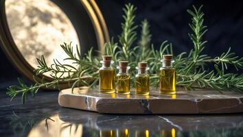 Aromatic Rosemary Oil Displayed in Small Glass Bottles on Marble Surface photo