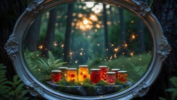 Glowing Jars with Flowers in Forest Framed by an Antique Mirror photo