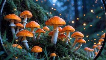 Group of Orange Mushrooms Growing in Forest with Bokeh Lights photo