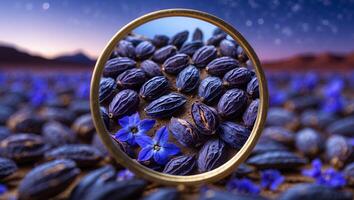 Field of Pods and Flowers Framed in a Golden Circle Design photo