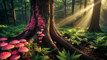 Whimsical Forest Scene with Pink Mushrooms and Sun Rays photo