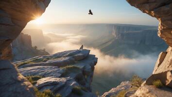 Bird Flying Above Majestic Canyon at Sunrise with Foggy Background photo
