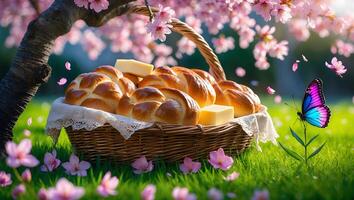 Loaf Bread Basket Under Blooming Tree with Butterfly and Sunshine photo