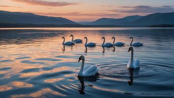 Swans Swimming on Calm Lake at Sunset Reflecting Colorful Sky photo