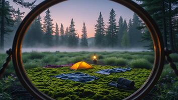 Camping in Nature View Through a Portal with Tent and Lantern photo