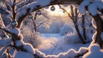 Snowy Winter Wonderland Path Framed by Decorated Branches at Sunset photo