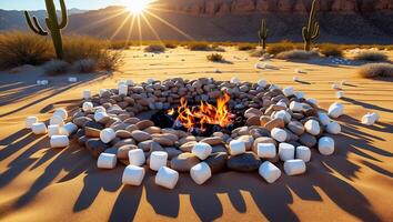 Burning Fire Pit with Marshmallows in Desert at Sunset photo