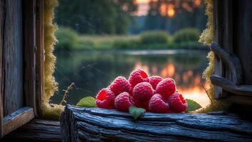 Ripe Raspberries in Rustic Window Overlooking Serene Lake at Sunset photo