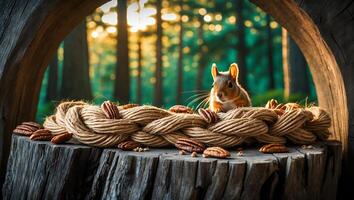 Squirrel Peeking From Woven Rope with Nuts in Forest Setting photo