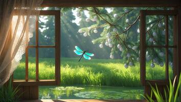 Dragonfly Flying Over Pond Viewed Through Open Wooden Window Frame photo