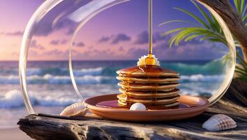 Pancake Stack with Syrup Pouring on a Beach at Sunset photo