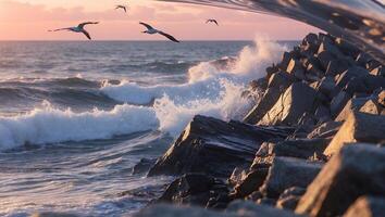 Waves Crashing on Rocky Shoreline with Birds Flying at Sunset photo
