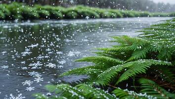 Snow Falling Over River with Ferns Creates a Winter Nature Scene photo