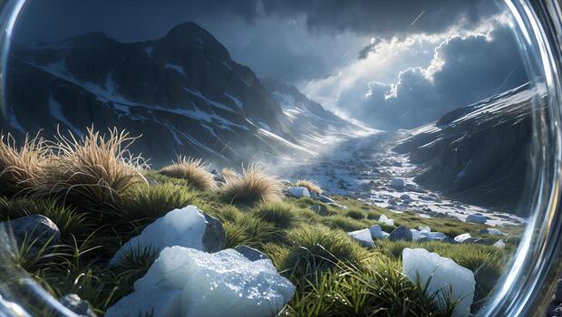 Scenic Mountain Valley with Grass, Rocks and Dramatic Cloudy Sky View photo