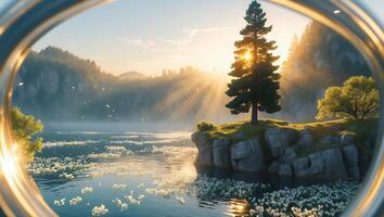 Tranquil Lake Landscape with Lone Tree at Sunset Through Window photo