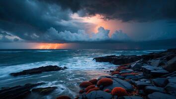 Lightning Strikes Over Ocean Water During Stormy Weather Near Rocky Shore photo