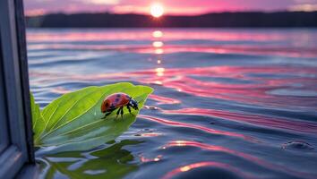 Ladybug Sitting on Leaf Floating in Water at Colorful Sunset photo