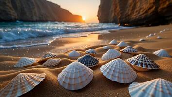 Seashells on Sandy Beach with Ocean Waves and Sunset View photo